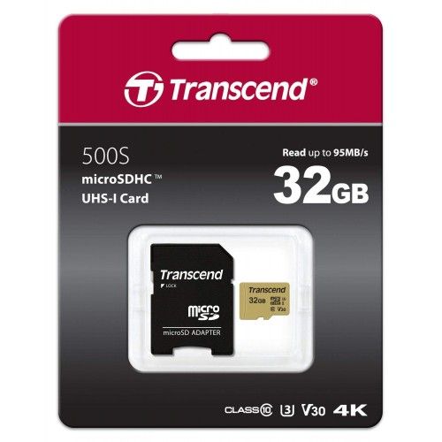 TS32GUSD500S 32GB UHS-I U3 microSD with Adapter, MLC