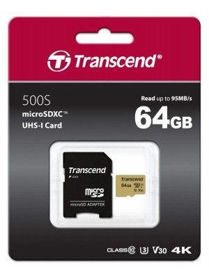 TS64GUSD500S 64GB UHS-I U3 microSD with Adapter, MLC